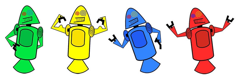 Dandroids, primeiro mascote do Android. Imagem de uma ilustração simples de quatro robôs, eles são das cores: verde, amarelo, azul e vermelho. O fundo da imagem é de cor branca sólida.